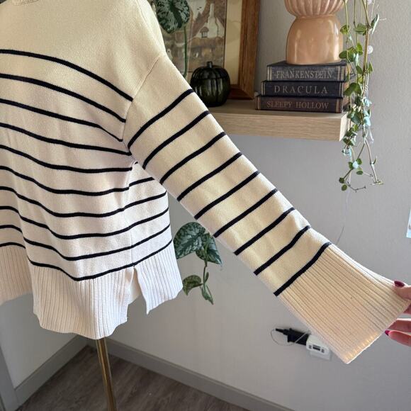 Zara Striped Knit Sweater Cream Black Relaxed Pullover Womens Small Preppy Chic - Picture 3 of 8
